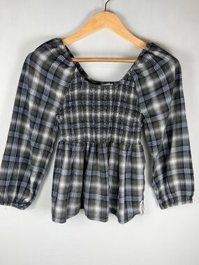 Tommy Jeans Women’s Amherst Plaid Smocked Peplum Blouse Puff Sleeve Top Medium